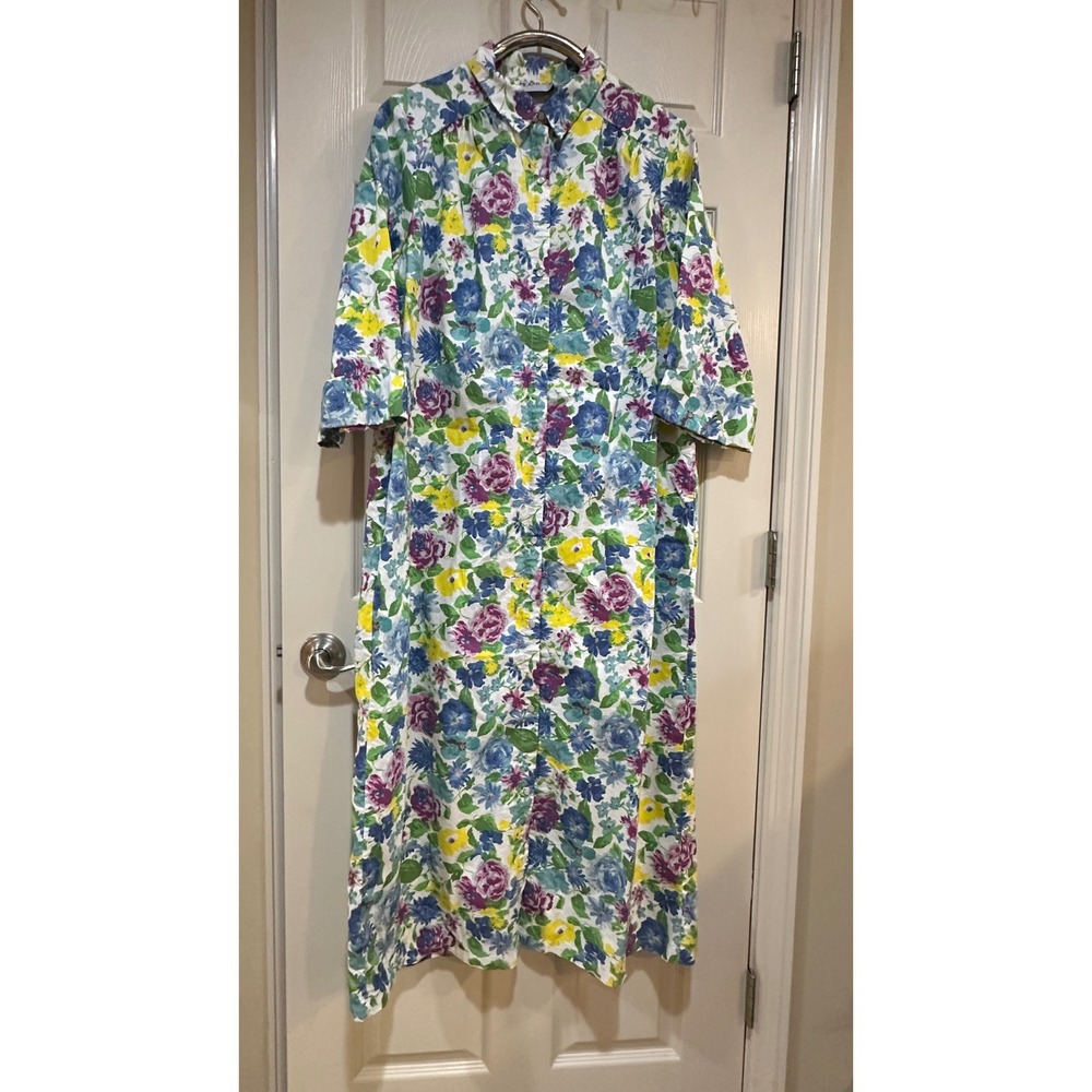 Models Coat‎ Vintage Floral Duster Robe Snap Front Housecoat Maxi Blue Purple L